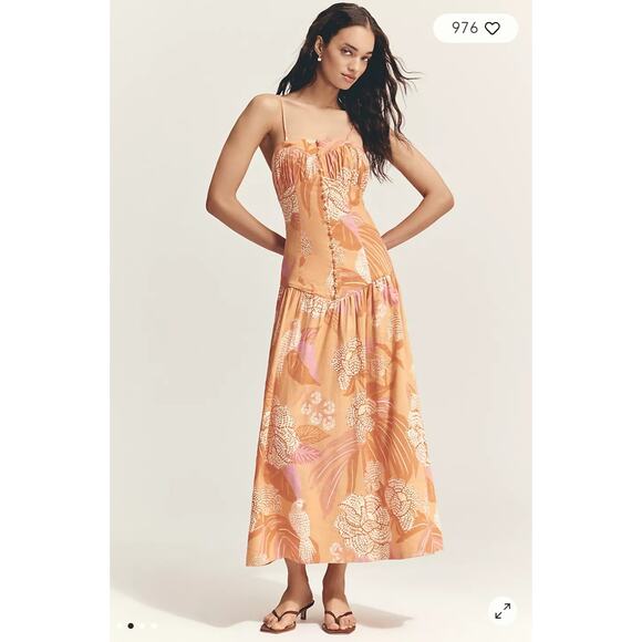 Farm Rio Anthropologie Orange Linen Blend Strapless Drop-Waist Maxi Dress NWT L - Picture 1 of 16